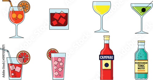 Cocktail and Aperitif Vector Set Featuring Classic Drinks, Campari, Martini, and Tonic Water for Elegant Bar and Drink Illustrations