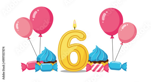 Golden number six candle on cake base surrounded by pink balloons and blue cupcakes celebrates a child sixth birthday party event.