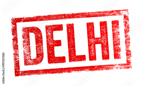 Delhi grunge stamp text in rectangular distressed label style, vintage rubber seal effect, city name typography, urban branding mark, rough texture imprint concept