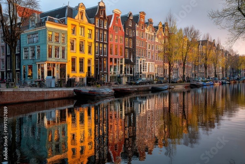Charming canal houses with vibrant reflections in a European cityscape