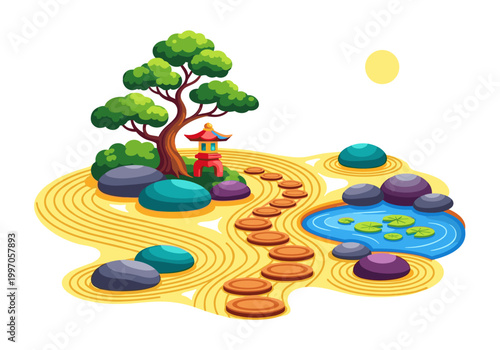 Serene Japanese Zen garden with raked sand, stones, and a tranquil pond