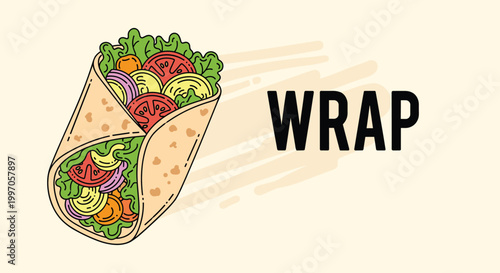 Delicious healthy vegetable wrap with fresh lettuce tomatoes and onions depicted in a colorful hand drawn style for menu design.