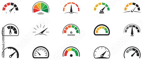 Speedometer icon set, speed indicator, gauge, dashboard, tachometer, and scale symbols, speedometer with arrow, clean modern vector illustration for UI and apps.