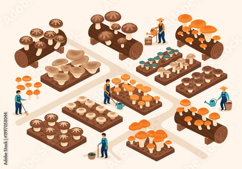 Isometric mushroom farm with farmers tending to various mushroom crops