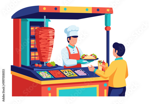 Chef serving a delicious shawarma wrap to a customer at a street food stand