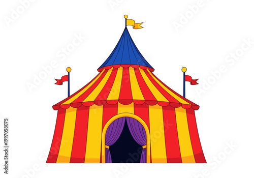 Brightly colored circus tent with red and yellow stripes and purple curtains