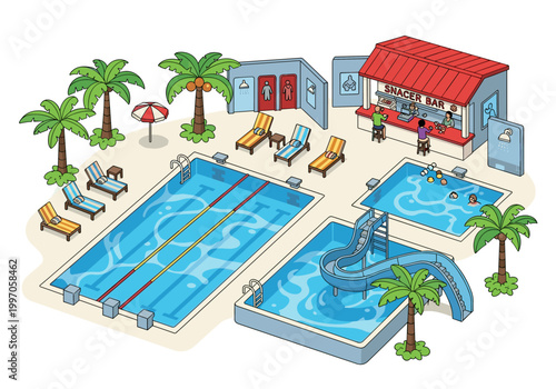 Isometric view of a vibrant water park with swimming pools and a snack bar
