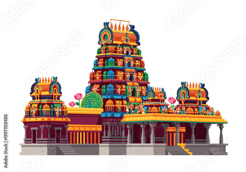 Vibrant South Indian temple architecture with intricate carvings and colorful details