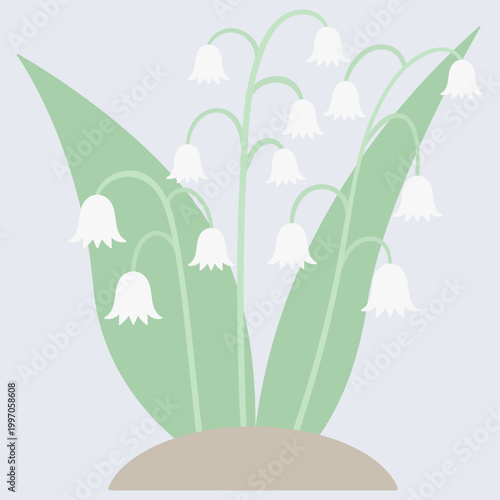 Lilies of the Valley. Delicate white flowers. Spring bells. Color vector illustration. Blooming plant with green leaves. Flat style. Isolated blue background. Bright Easter. Idea for web design, invit