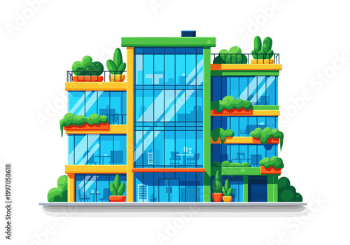 Modern office building with green balconies and rooftop gardens