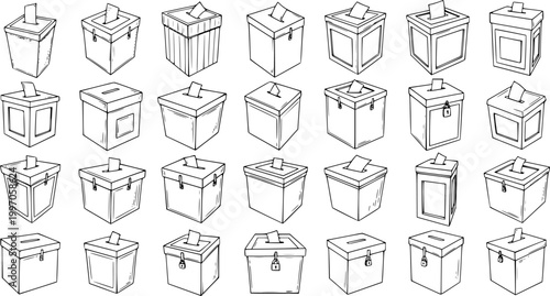 Diverse Collection of Hand-Drawn Voting Ballot Boxes in Various Styles