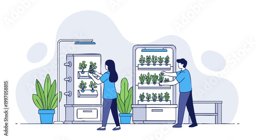 People tending to vertical indoor hydroponic garden systems