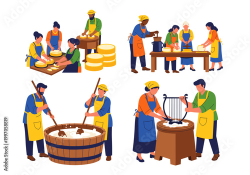 Artistic depiction of traditional cheese making process by diverse people