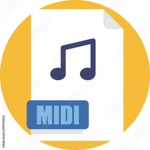 A simple file icon marked with “.MID” or “MIDI,” often paired with music-related graphics, symbolizing a lightweight format for sequencing and playback of digital music.