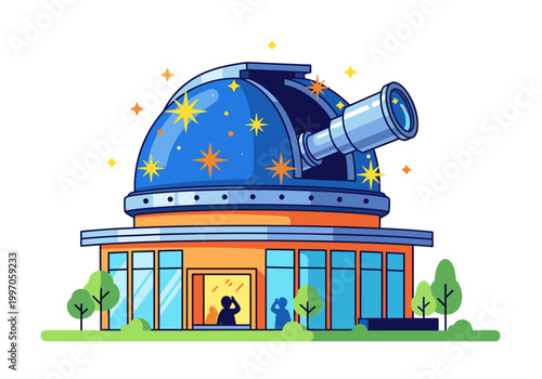 Observatory dome with telescope and stars, symbolizing astronomy and discovery