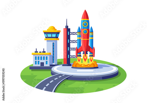 Rocket launching from a spaceport with control tower and launchpad