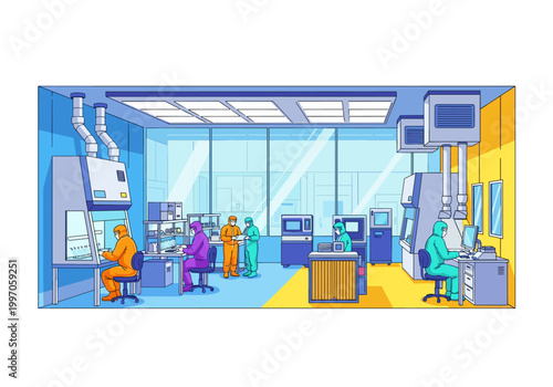 Scientists in protective suits work in a modern laboratory with advanced equipment and computers