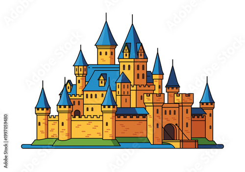 Stylized illustration of a grand medieval castle with blue turrets and orange walls