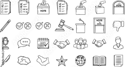 Hand-drawn line art vector icons: politics, election, vote, ballot, justice, law, communication, business, global, document, calendar, agreement symbols. Doodle style collection.