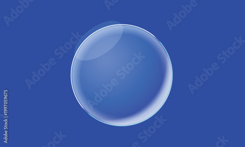 Transparent soap bubble vector illustration, realistic water sphere with light reflections, glossy blue glass orb on solid background