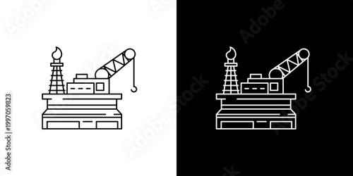 Single icon of offshore oil rig with crane and flare stack, industrial illustration on white and black backgrounds
