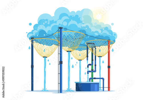 Water park attraction with nets catching falling water and pipes collecting it