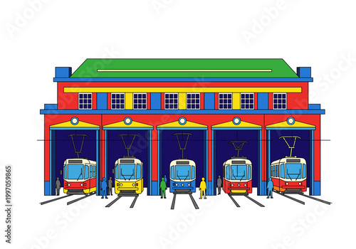 Colorful tram depot with multiple trams parked inside and people standing nearby