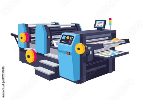 Modern printing press machine with digital display and color samples