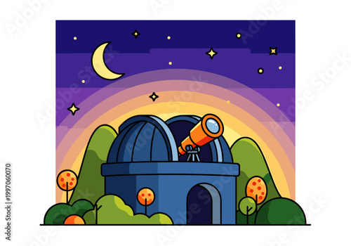 Observatory dome with telescope under starry night sky and crescent moon
