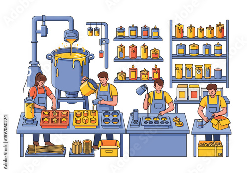 Artistic illustration of a candle making workshop with people pouring wax into molds