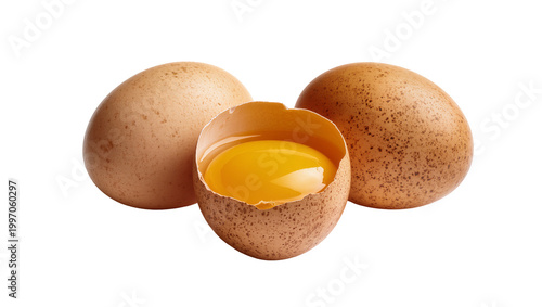 Φωτογραφία Brown speckled eggs, one cracked open revealing golden yolk