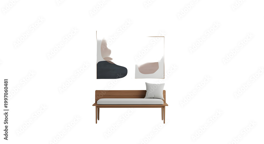 Fototapeta premium Modern wooden bench with cushion and abstract paintings isolated on white background