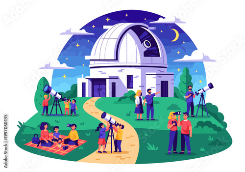People observing the night sky with telescopes near an observatory