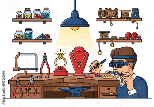 Jeweler meticulously crafting exquisite diamond ring and necklace with precision tools