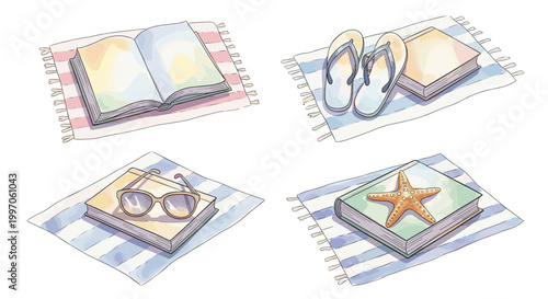 Summer relaxation accessories on beach towels for a stylish getaway