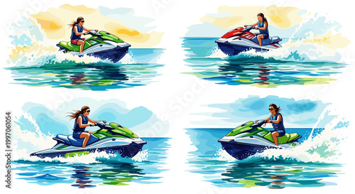 Woman enjoying a thrilling jet ski ride on a sunny day with splashing water