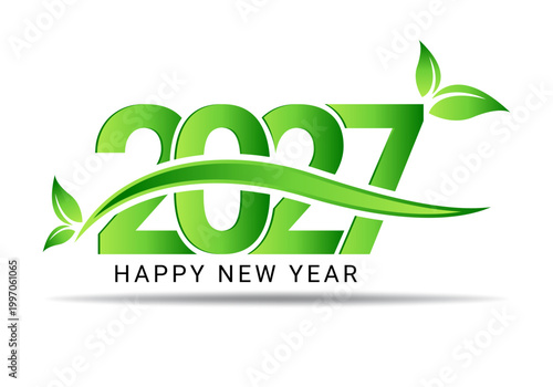 Happy New Year 2027 with Green Leaves and Eco-Friendly Design
