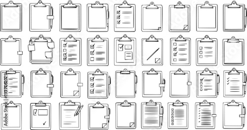 Large Set of Hand-Drawn Clipboard Icons with Checklists, Notes, and Blank Pages - Sketch Style Vector Collection for Productivity and Organization.