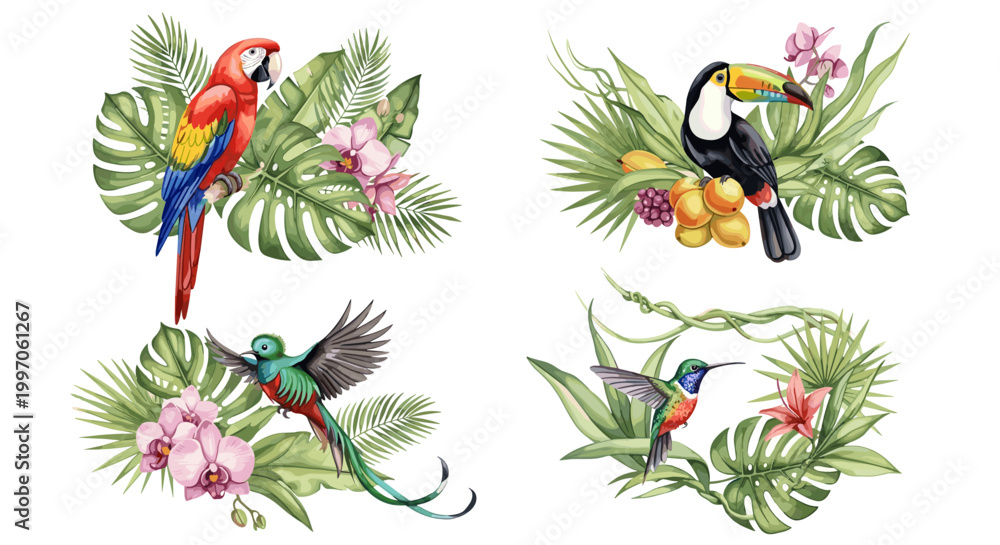 Fototapeta premium Vibrant tropical birds and lush foliage create a beautiful jungle scene