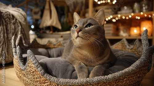 A serene cat resting comfortably in a cozy woven basket indoors