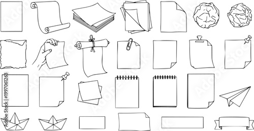 Cuadro en lienzo Hand-drawn collection of blank paper elements and office stationery icons