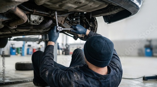 Professional mechanic tightening a ratchet wrench under a lifted car in a repair garage. Vehicle maintenance and suspension work in an auto service workshop