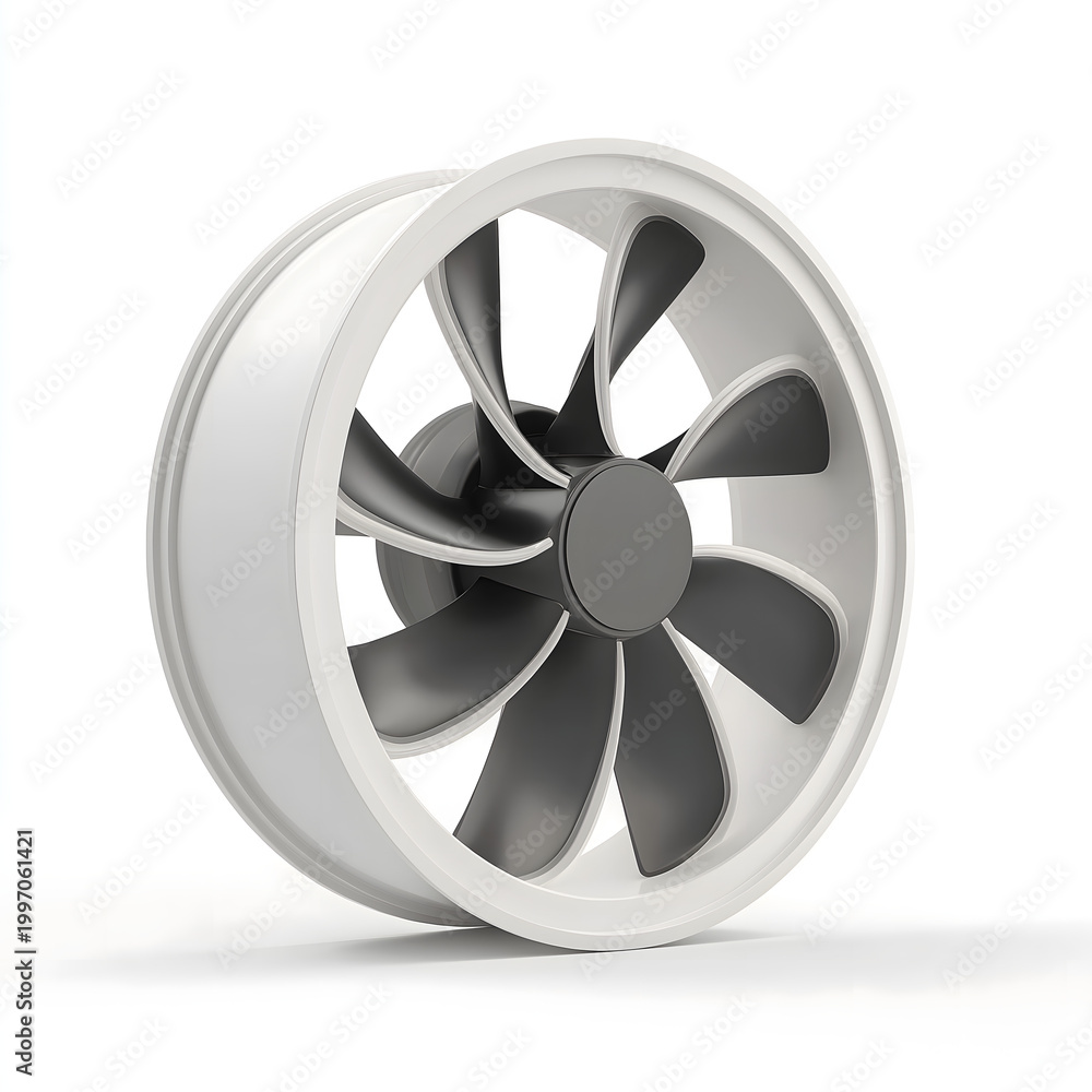 Fototapeta premium A white industrial ventilation fan with dark gray blades is prominently displayed on a clean white background, showcasing its design and purpose for air movement