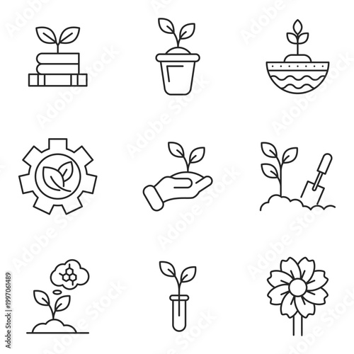 Plant care and gardening web line icons with growth, cultivation, sustainability, eco development and nature concepts. Editable stroke