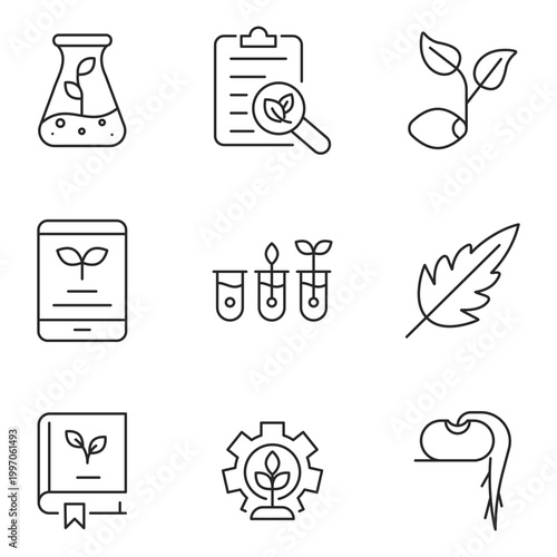 Plant research and eco technology web line icons with biotechnology, agriculture, analysis, sustainability and environmental science concepts. Editable stroke