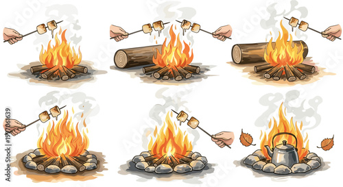 Hands roasting marshmallows over a campfire and a kettle on the fire