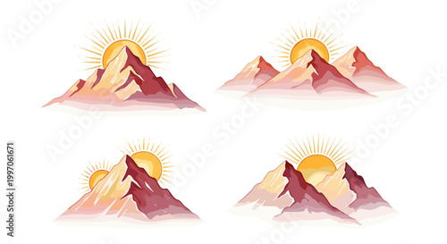 Sunrise over majestic mountain peaks with warm golden sun rays