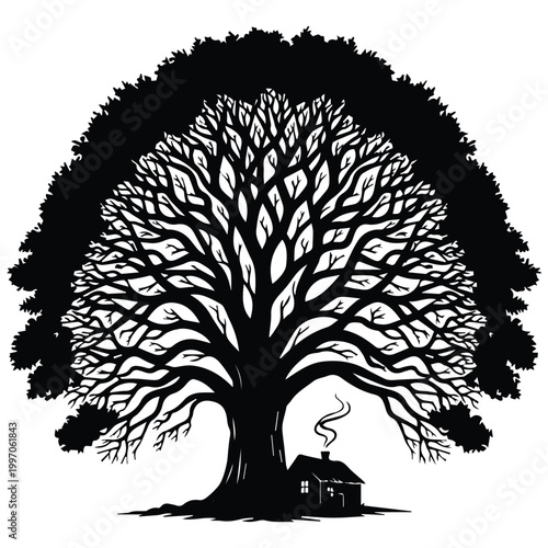 Small house silhouette under a giant oak tree in nature