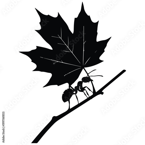 Hardworking ant silhouette carrying a large maple leaf on a branch