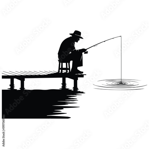 Silhouette of a man fishing on a wooden pier by the lake
